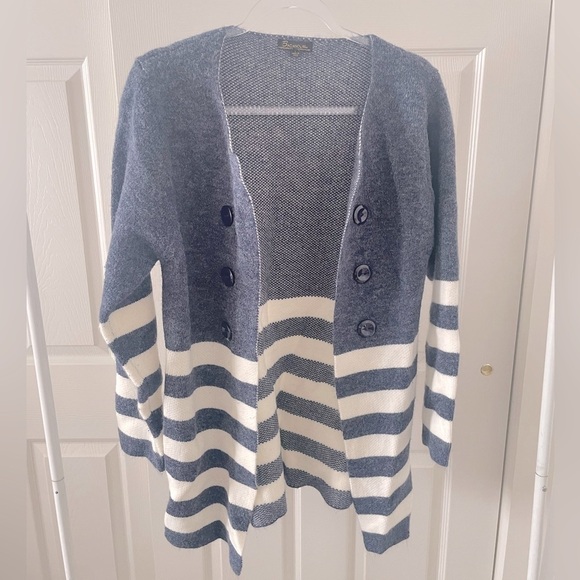 italian Sweaters - Italian Long Cardigan Sweater NAVY & WHITE STRIPE size L NWOT